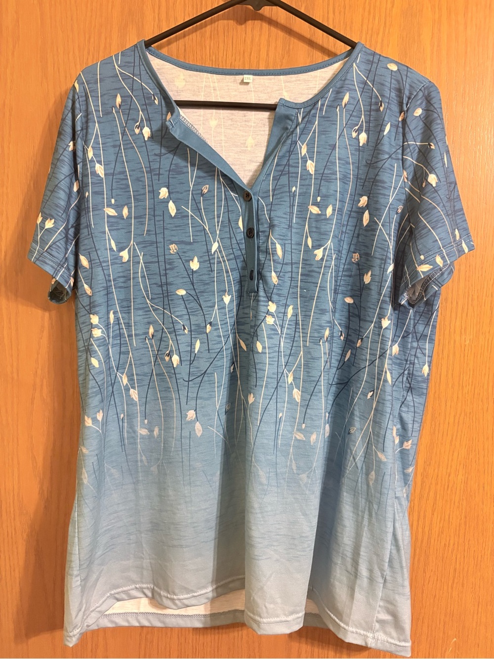 Blue Floral-Print Short Sleeve Henley Top